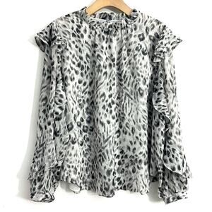 Ann Taylor snow leopard ruffled sleeve mock neck top white black casual size XL